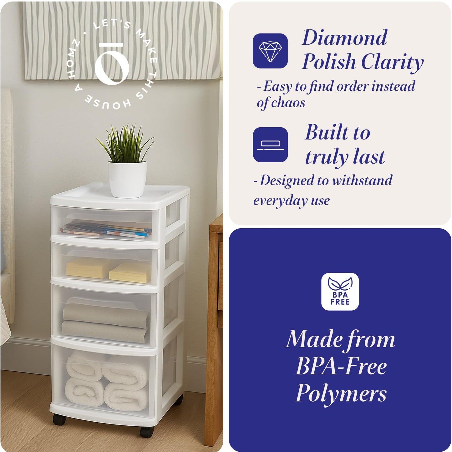 HOMZ Drawer Tower, 4-Tier Clear Plastic Storage Organizer Cart, White Frame - Rolling Drawers with