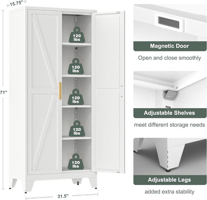 71'' Farmhouse Metal Storage Cabinet with Barn Doors,Steel File Cabinet for Home Office,Kitchen Pantry 4 Adjustable Shelves,Freestanding Cupboard for Kitchen,for Home Office,School (White)