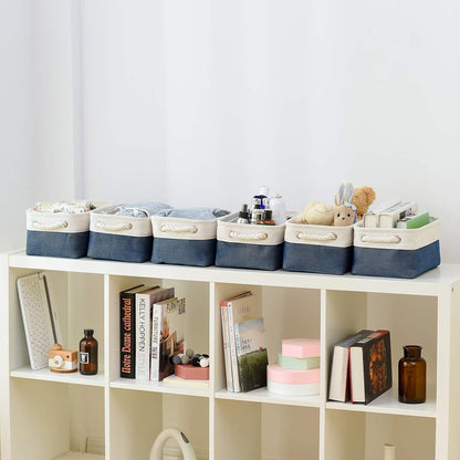 Storage Basket for Organizing - 12x8x5.2 inch Small 6 Pack Fabric Storage Bin Collapsible Baskets for Shelves with Rope, Storage Box for Cloth Decorative Laundry Canvas(White & Blue)