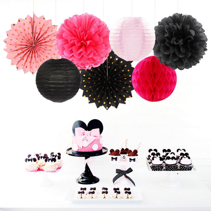 Hot-Pink Black Birthday Party-Decorations Streamers Lanterns - 14pcs Baby Girl Paper Honeycomb Fan,Tissue Pom Poms, Graduation Engagement Bachelorette Backdrop Decor Ouruola