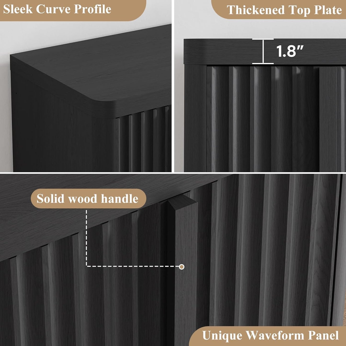 Fluted Buffet Cabinet with Storage, 120" Sideboard Buffet Storage Cabinet with 8 Doors & Adjustable Shelves, Coffee Bar Wood Credenza Cabinet for Kitchen, Dining Room, Living Room, Black(2PCS)