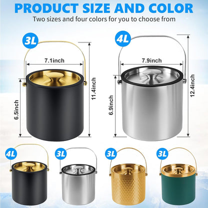 Ice Bucket, Ice Bucket with Silicone Sealing Ring Double-Wall Vacuum Insulation Champagne Buckets with Filter Layer Ice Tongs Ice Scoop (Black, 3 L)