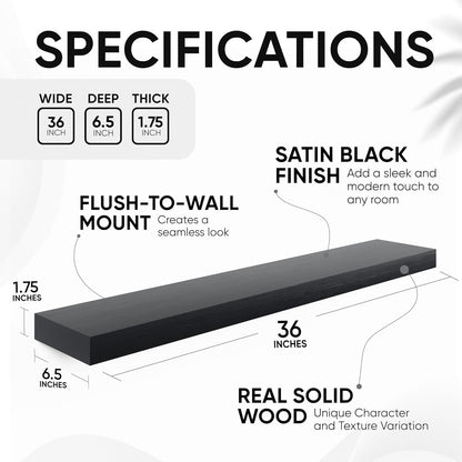 Homeforia Black Floating Shelves 36 inches Long, High End Solid Real Wood 36 inch Floating Shelf for Wall Mounted, Black Wooden 36in Floating Shelves, Heavy Duty Bracket, 36 X 6.5 X 1.75 in, Set of 2