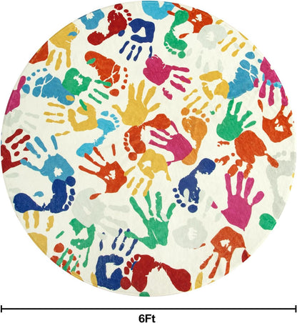 STARUIA Large Round Rug for Classroom 6 Ft, Colorful Circle Rug for Nursery, Washable Kids Rug for Playroom, Soft Circular Carpet Handprints and Footprints Play Mat for Kids Bedroom Toy Room