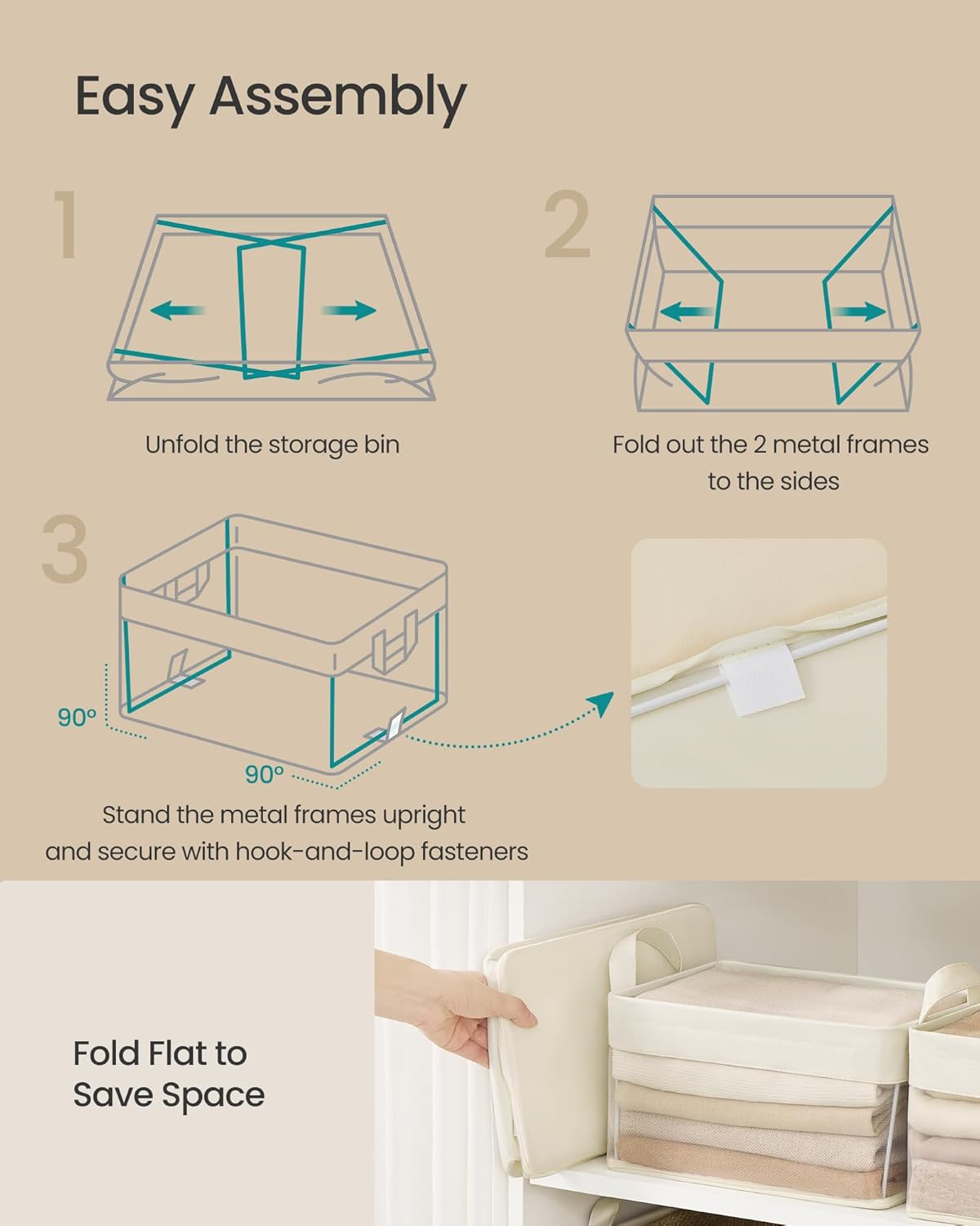 SONGMICS Storage Bins Set of 3, Small Fabric Storage Baskets, Foldable Organizer with Transparent Nylon Mesh, 11.8 x 7.9 x 5.9 Inches, Handles, for Bathroom, Kitchen, Cream White URFB915W01