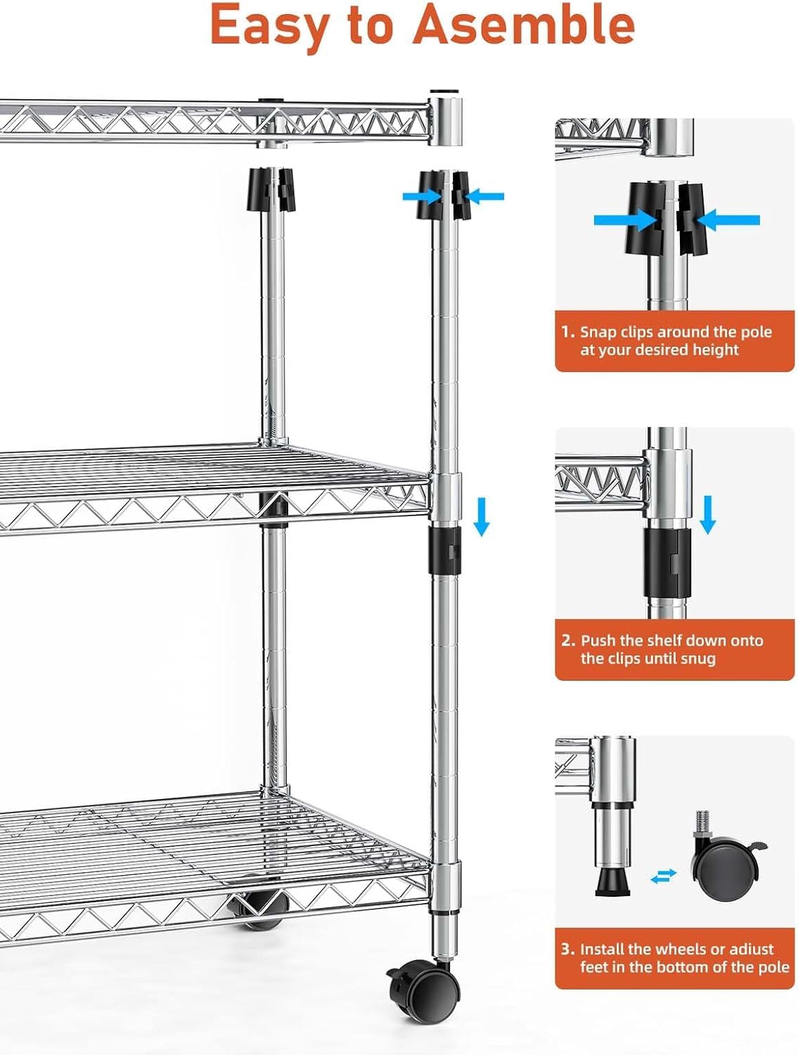 Heavy Duty 3-Shelf Shelving Unit, 24.02" W x 13.78" D x 21.97" H Chrome Steel Storage Rack with