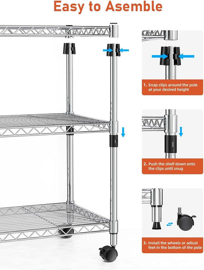 Heavy Duty 3-Shelf Shelving Unit, 24.02" W x 13.78" D x 21.97" H Chrome Steel Storage Rack with