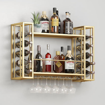 Wall Mounted Wine Rack, Hanging Floating Bar Liquor Shelves with Glass Holder, Metal Bottle Holder Wine Storage Display Shelf for Home Bar, Gold