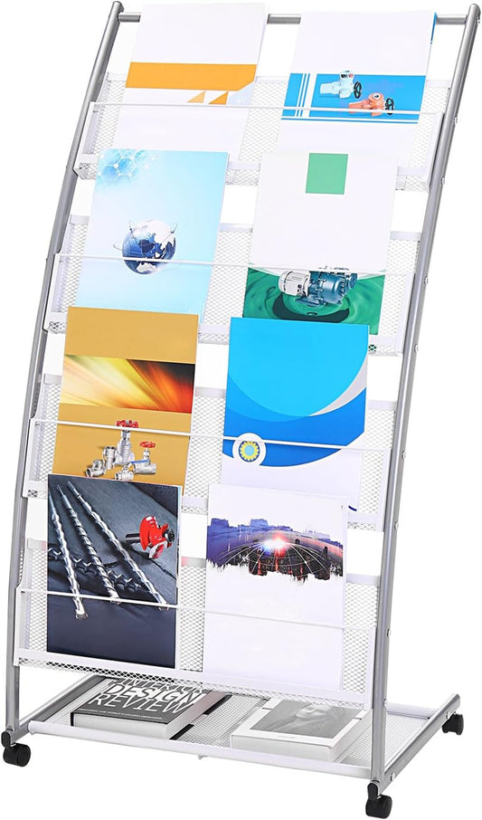 PATIKIL L-shaped Magazine Display Racks Floor Standing 4 Layers Brochure Stand Catalog Literature Holder with Wheels for Hotel, Exhibition, Trade Show, Office