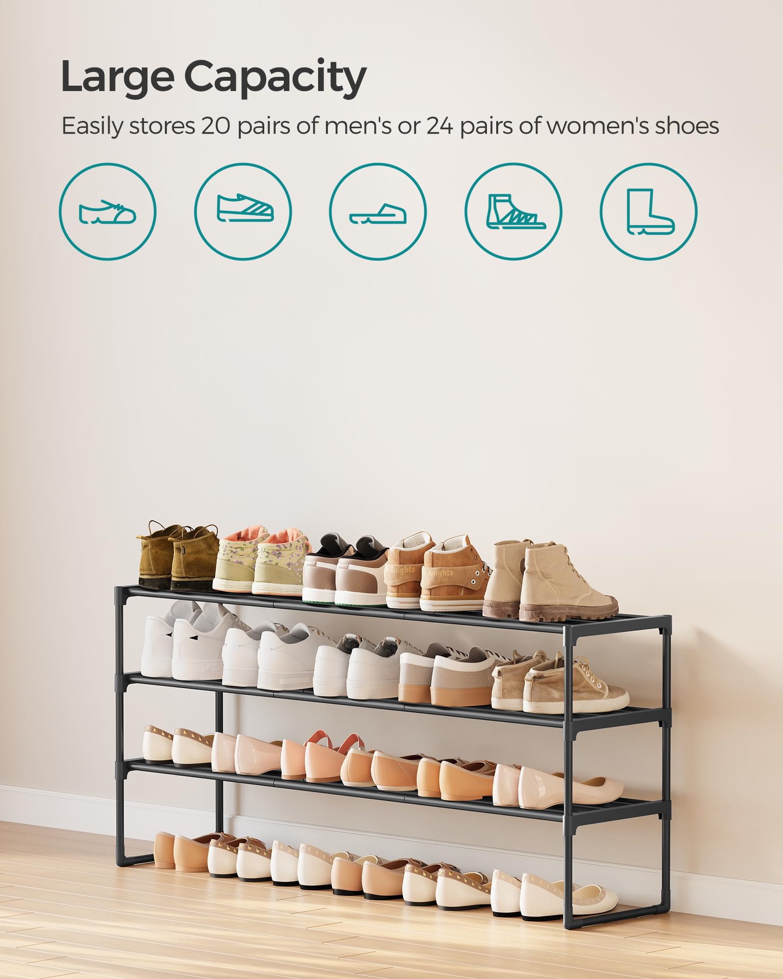 SONGMICS Shoe Rack, 3-Tier Shoe Organizer, Metal Storage Shelf, Upright or Upside Down, for 20-24