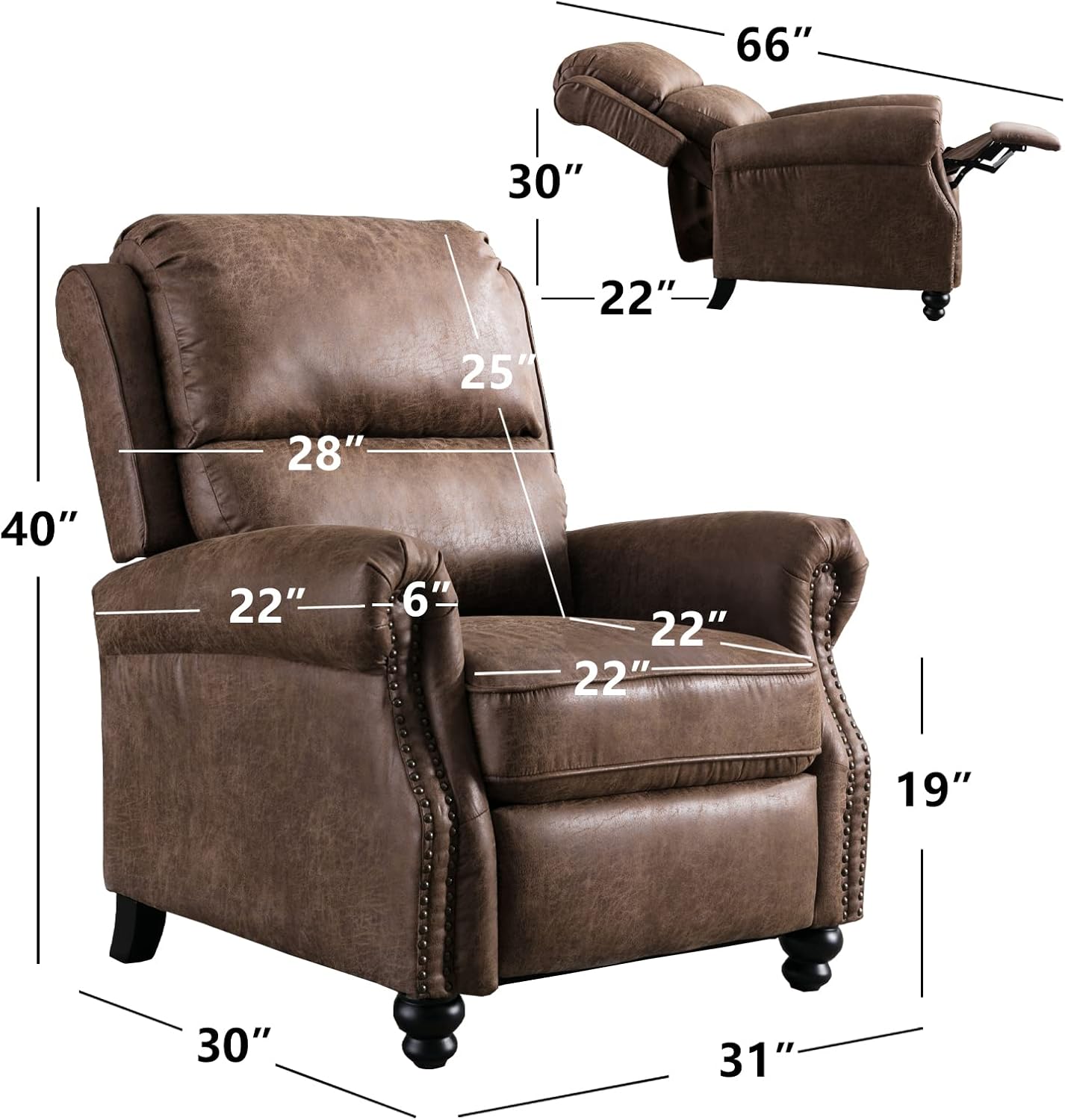 CANMOV Pushback Recliner Chair Faux Leather Armchair Push Back Recliner with Rivet Decoration Single Sofa Accent Chair for Living Room, Chocolate