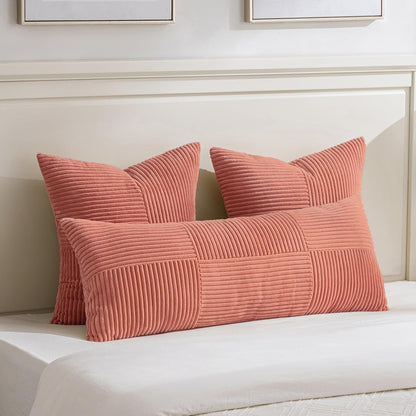 Fancy Homi 2 Packs Coral Decorative Throw Pillow Covers 22x22 Inch for Living Room Couch Bed, Rustic Farmhouse Boho Home Decor, Soft Corss Corduroy Patchwork Accent Square Cushion Case 55x55 cm