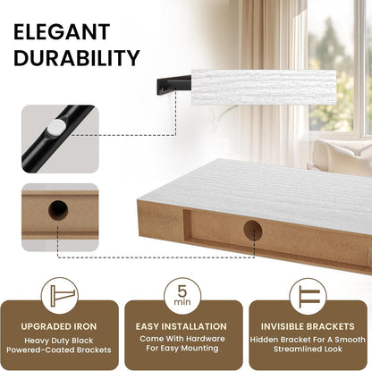 Floating Shelves for Wall, 55"W x 9.3"D x 1.5"H, Long Wooden Wall Mounted Display Shelves with Invisible Brackets for Living Room, Bedroom, Bathroom, Kitchen Decor and Storage, Set of 1, White