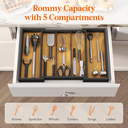 Lifewit Utensil Organizer for Kitchen Drawer, Bamboo Cooking Utensil Tray, Expandable Cutlery Silverware Flatware Holder, Adjustable Spatula Tools Gadgets Storage Divider, Large, Natural and Black