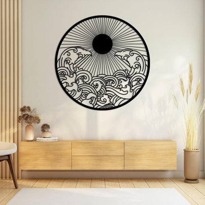 flyoak Metal Sun Wall Decor Outdoor, Sunrise Metal Wall Art, Metal Wave Wall Art, Sunrise and Wave Wall Decor, Sunburst Wall Art, Sunset Wall Art, Wall Hangings for Bedroom (Gold, 39x39in|100x100cm)