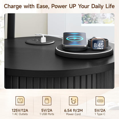 Round Side Table with Storage, Fluted Nightstand with Charging Station, Small Mid-Century Modern Bedside Tables, Black End Tables for Small Space Living Room Bedroom Sofa Couch