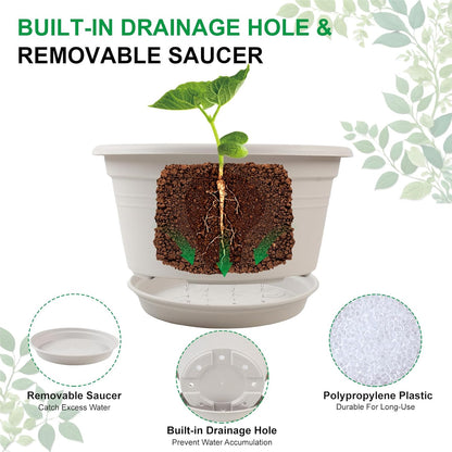 6 Pack 10 inch Plant Pot, Outdoor Pots for Plants with Drainage Hole & Tray Saucer, Round Plastic Plant Pot, Decoration Flower Pots for Indoor Plants Home Garden Outdoor Planters (Beige)