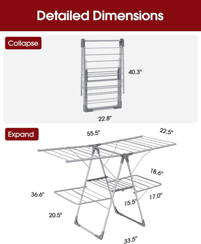 Clothes Drying Rack - Foldable Laundry Drying Rack for Clothing & Bedding, Easy-to-Assemble, Space-Saving Metal Airer with Non-Slip Feet, Indoor & Outdoor Use, 55.5"×22.8"×36.6", Gray