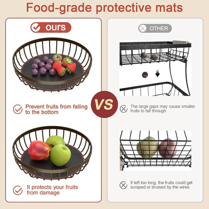 2 Tier Fruit Basket for Kitchen Counter with 2 Banana Hangers, Metal Stackable Fruit Bowl for Kitchen Counter for Bread Vegetable Fruits, Brown