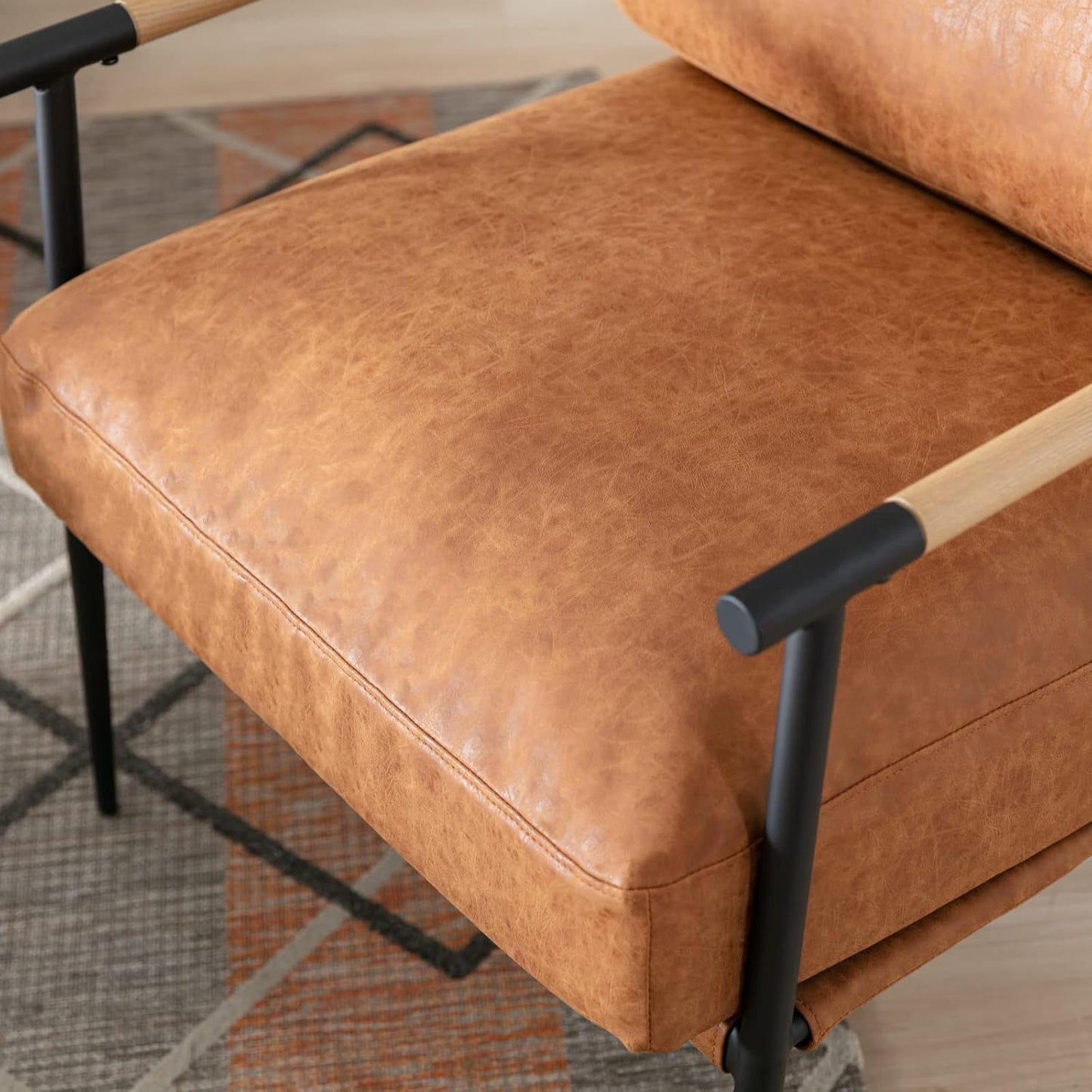 Mid-Century Accent Chair, Soft Armchair PU Leather Lounge Chair with Black Metal Legs, Upholstered Leisure Chair for Living Room Bedroom Reception Room, 1PC, Brown