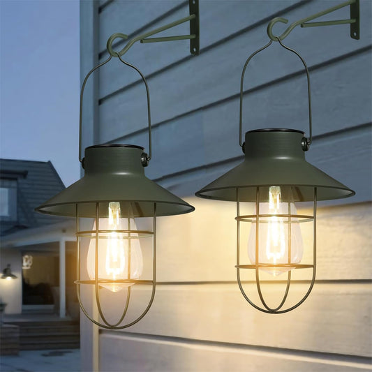 pearlstar Solar Lanterns Outdoor Metal Solar Powered Hanging Lights Waterproof for Wall Barn Yard Garden Patio Garage Balcony Porch Fence Decor, Warm White Edison Bulb (Green-2pack)