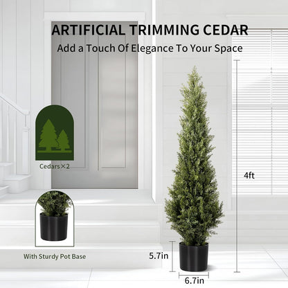 4 FT Artificial Cedar Topiary Trees 2 Set, Realistic Fake Cypress Tree Tall Faux Pine Shrubs Plants Artificial Cypress Trees for Home Offices Porch Decor (4 FT)