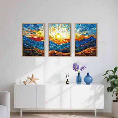 Mountains Framed Canvas Wall Art Set, Modern Abstract Art Painting, Irregular Square Ridge Wall Decor, Sunrise Art Print for Living Room, Bathroom, Bedroom, Office - 16"x24"x3