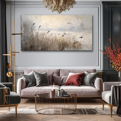 LASMOND Vintage Meadow Wall Art for Living Room Reed Grass Canvas Painting Prints Large Retro Rustic Cottagecore Countryside Landscape Farmhouse Bedroom Artwork Home Decor (46x23 Inches)