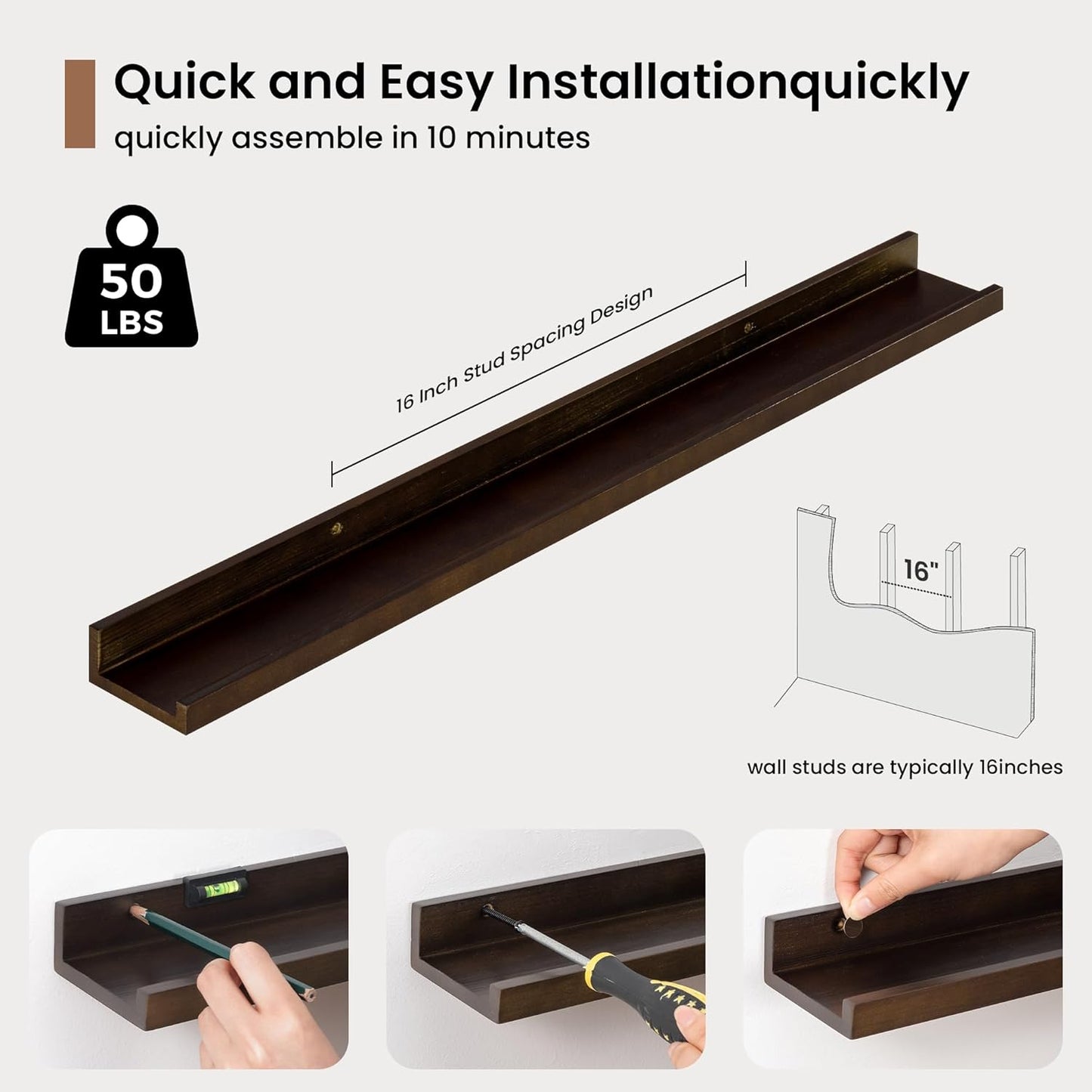 Picture Ledge Shelf, Solid Pine Wood Floating Shelves Set of 2, 32 Inches Nursery Book Shelves for Toys Storage, Kids Bookshelf Wall Mounted for Living Room Bedroom Decor Books Photo Frames, Walnut