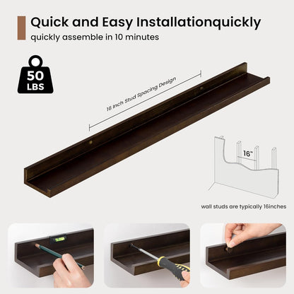 Picture Ledge Shelf, Solid Pine Wood Floating Shelves Set of 2, 32 Inches Nursery Book Shelves for Toys Storage, Kids Bookshelf Wall Mounted for Living Room Bedroom Decor Books Photo Frames, Walnut