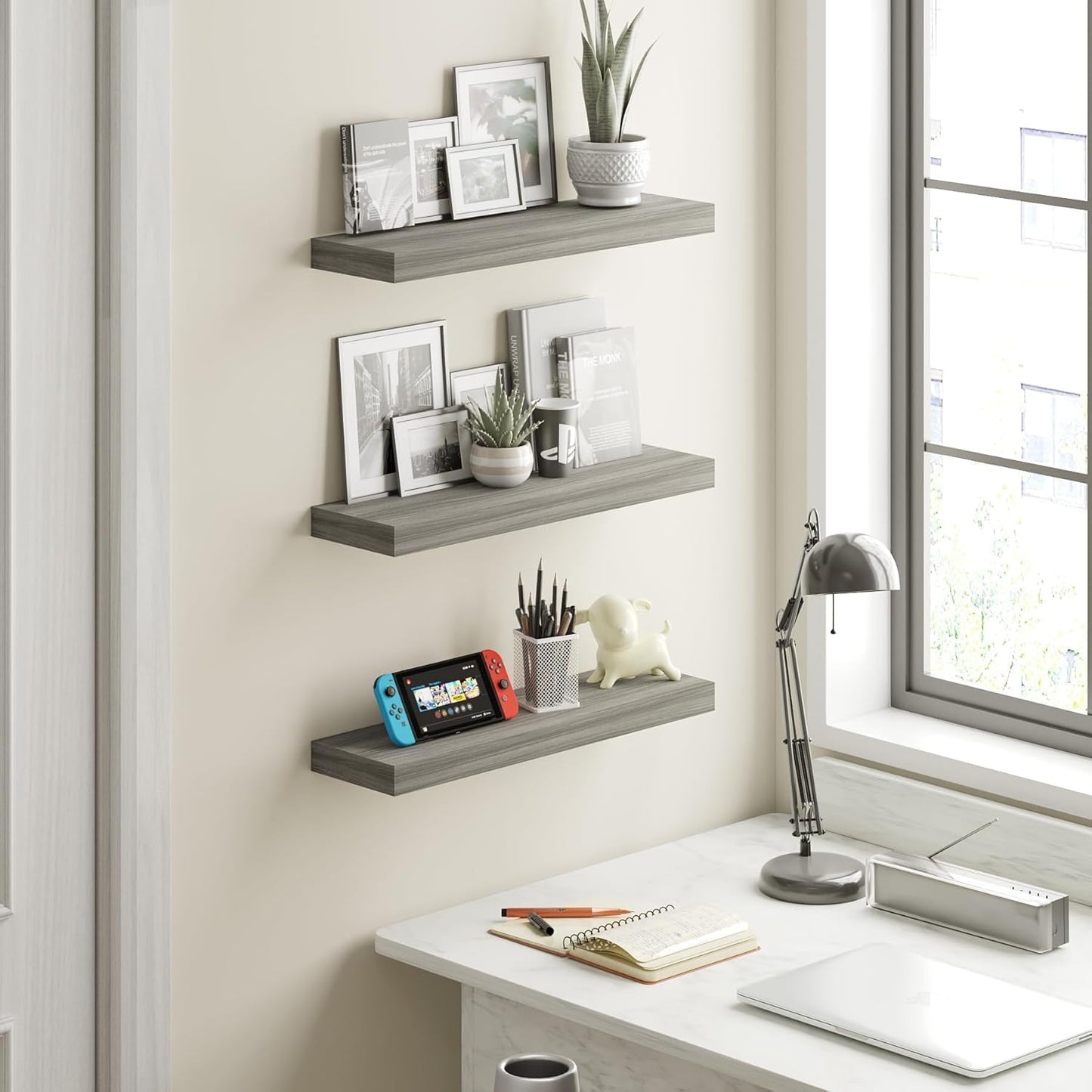 BAMEOS Floating Shelf,Wall Shelf,Decor Wall Mounted Shelves,Hanging Shelf Set of 3,L24xW6 for Bathroom Kitchen Living,Kitchen,Room Bedroom Storage,Walnut