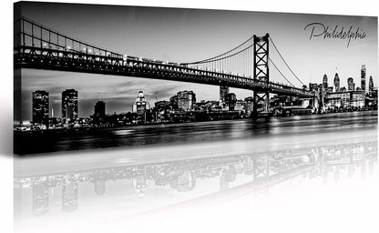 DJSYLIFE- Philadelphia Skyline Wall Art,Black and White Stretched Canvas Wall Art Prints for Bedroom or Office Decoration, Ready to Hang 13.8"x47.3"