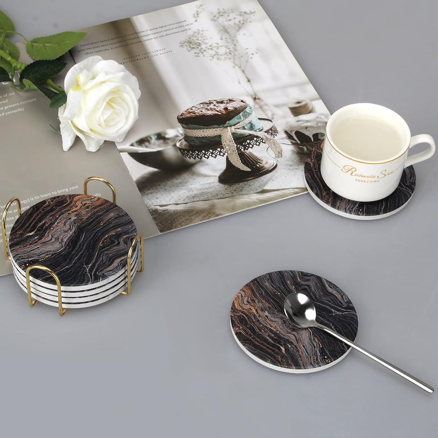 White Marble Style Ceramic Coasters Set of 6 with Holder Round Modern Coffee Table Decor Drink Coaster Gifts Absorbent Stone Coasters for Rustic Farmhouse Bar