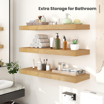 Heimlove 12 Inch Deep Floating Shelves, 16 x 12 inches Long Wall Shelf, Large Extra Display Shelf & Storage Shelf, Rustic Wood Wall Shelves for Fireplace Mantel, Oak - 2Pack