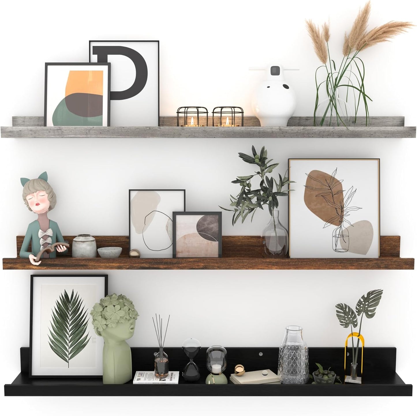 Giftgarden 36 Inch Multi Colors Floating Shelves for Wall Mount, Assorted Colors Wood Wall Shelf Ledge for Bathroom Bedroom Living Room Kitchen Storage, Set of 3 Different Sizes