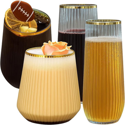 24 Pack Ribbed Origami Ripple Plastic Glasses, 12-9 Ounce Stemless Champagne Flutes & 12-12 Ounce Cups, BPA-Free Disposable Shatterproof Toasting Glasses for Weddings, Bars, and Events (Gold Rim)