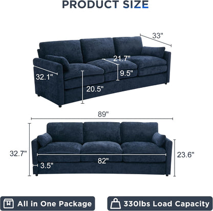 Tbfit Modern Couch Sofa, 89" Cloud Couch w/Pillows, Pocketed Spring Seat, Comfy 3-Seater Plush Foam Cushions, Chenille Fabric Removable Covers, Soft Upholstered Living Room Furniture Home Apartment