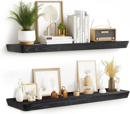 36"x6.8"x1.6" Slanted Floating Wall Shelves 2-Pack - Rustic Black Finish, Heavy-Duty Solid Wood Design with Hidden Brackets - Perfect for Living Room, Kitchen, Bathroom, or Office