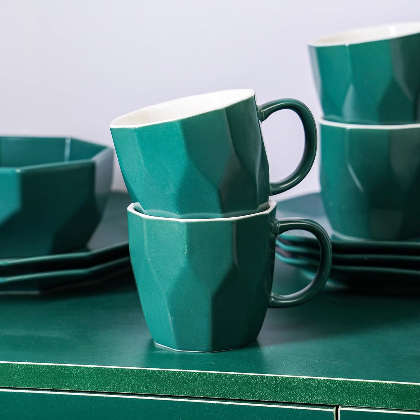 Stone + Lain Jamie Porcelain 32-Piece Geometric Dinnerware Set, Green