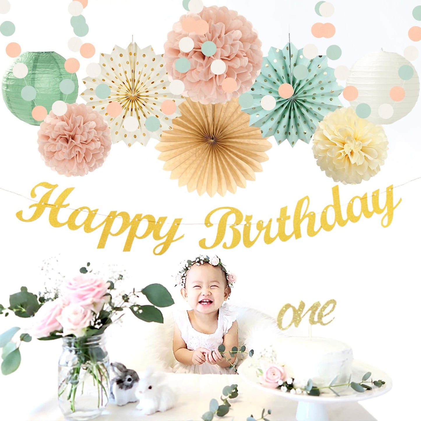 Sage-Green Blush-Pink Beige Birthday Party-Decorations - 21pcs Happy Banner,Cream Light Dusty Pink Paper Lanterns Pom Poms,Rustic Boho Neutral Streamers Garland,Women Girls Decor Supplies Huglony