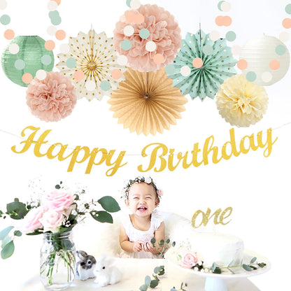 Sage-Green Blush-Pink Beige Birthday Party-Decorations - 21pcs Happy Banner,Cream Light Dusty Pink Paper Lanterns Pom Poms,Rustic Boho Neutral Streamers Garland,Women Girls Decor Supplies Huglony