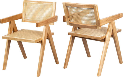 Cane Dining Room Chairs Set of 6, Modern Wood Kitchen Chairs with Arms, Light Malnut