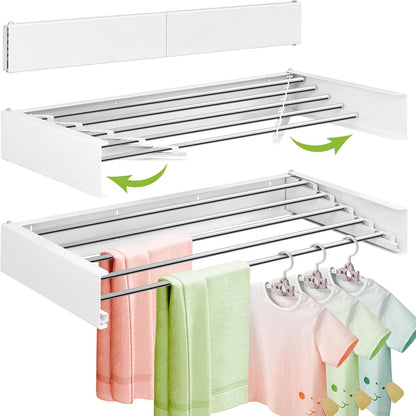 Wall Mounted Clothes Drying Rack 32 inches,Foldbale Laundry Drying Rack Wall Mount,Drying Rack Clothing Space Saver,Retractable,Collapsible,Folding Laundry Rack,White