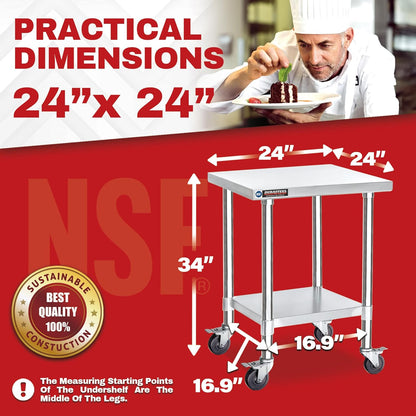 DuraSteel 24x24 NSF Stainless Steel Cart Work Table - Heavy Duty Rolling Food Prep Table - Metal Utility Cart on Wheels Caster, Grill Stand Microwave Outdoor Kitchen Tables Countertop Island Large Top