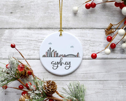 Andaz Press Round Ceramic Porcelain Christmas Tree Ornament Keepsake Gift, Sydney, Colorful International City Skyline Graphic, 1-Pack, Birthday Ideas Family Coworker Him Her, Gift Box