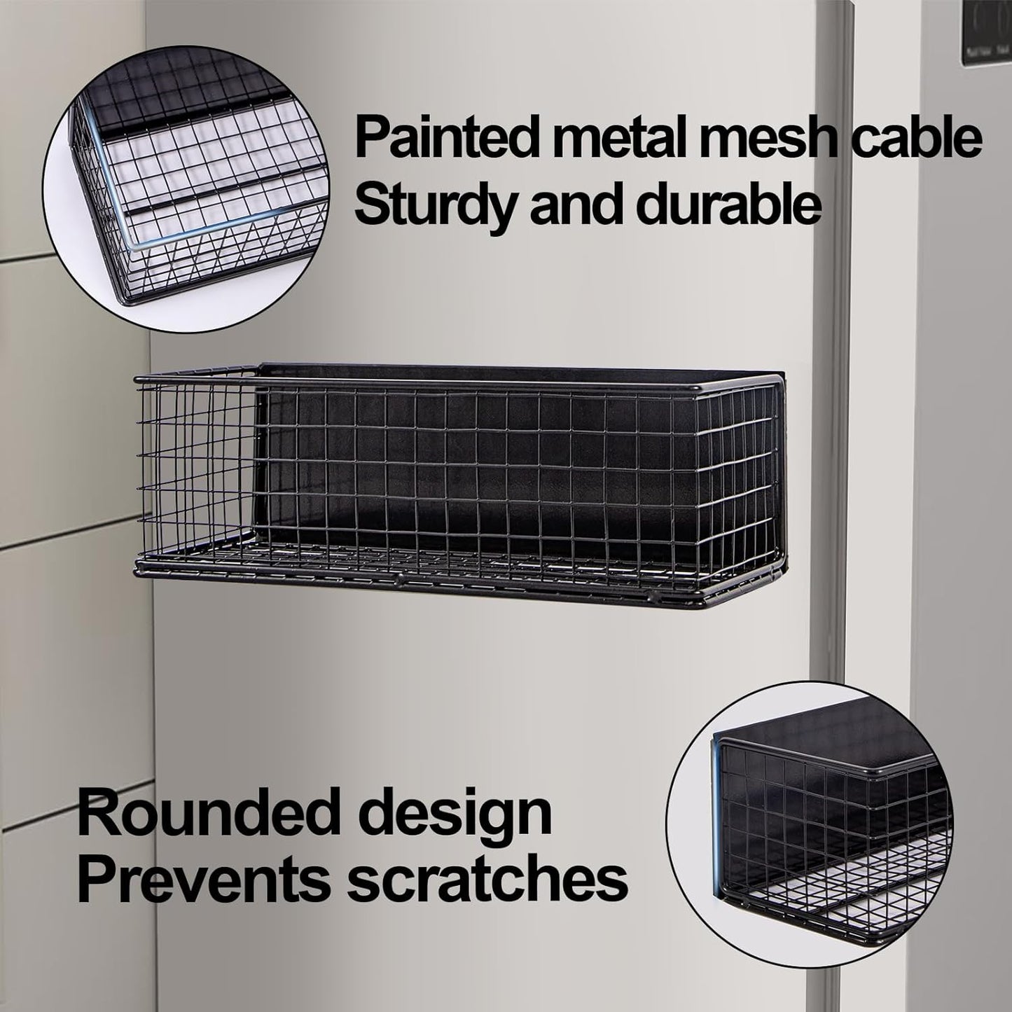 Magnetic Basket, Magnetic Shelf for Fridge, Magnetic Spice Rack Wire Mesh Magnetic organizer Holder Accessories for Office Kitchen Classroom Storage, Black-High, 9.44" x 4" x 3.14"