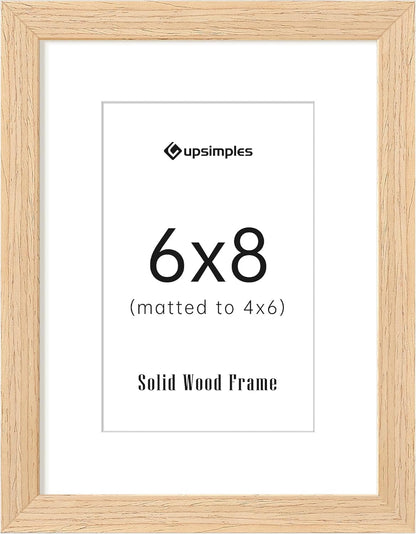 upsimples 6x8 Picture Frame, Natural Solid Wooden Picture Frames, Display 4x6 with Mat or 6 x 8 Without Mat, Wall or Tabletop, 1 Pack, Natural