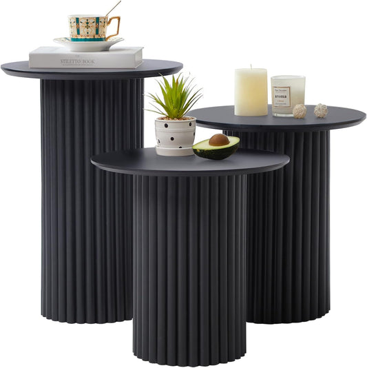 Round Nesting Coffee Table Set of 3,Mid Century Modern Fluted Coffee and End Table Set,Small Circle