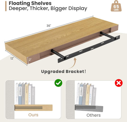 Heimlove 12" Deep Floating Shelves, 36 x 12 Inch Wall Mounted Long Floating Shelf with Invisible Brackets, for Home Decor, Bedroom, Kitchen, Living Room, Bathroom - 2 Pack, Oak