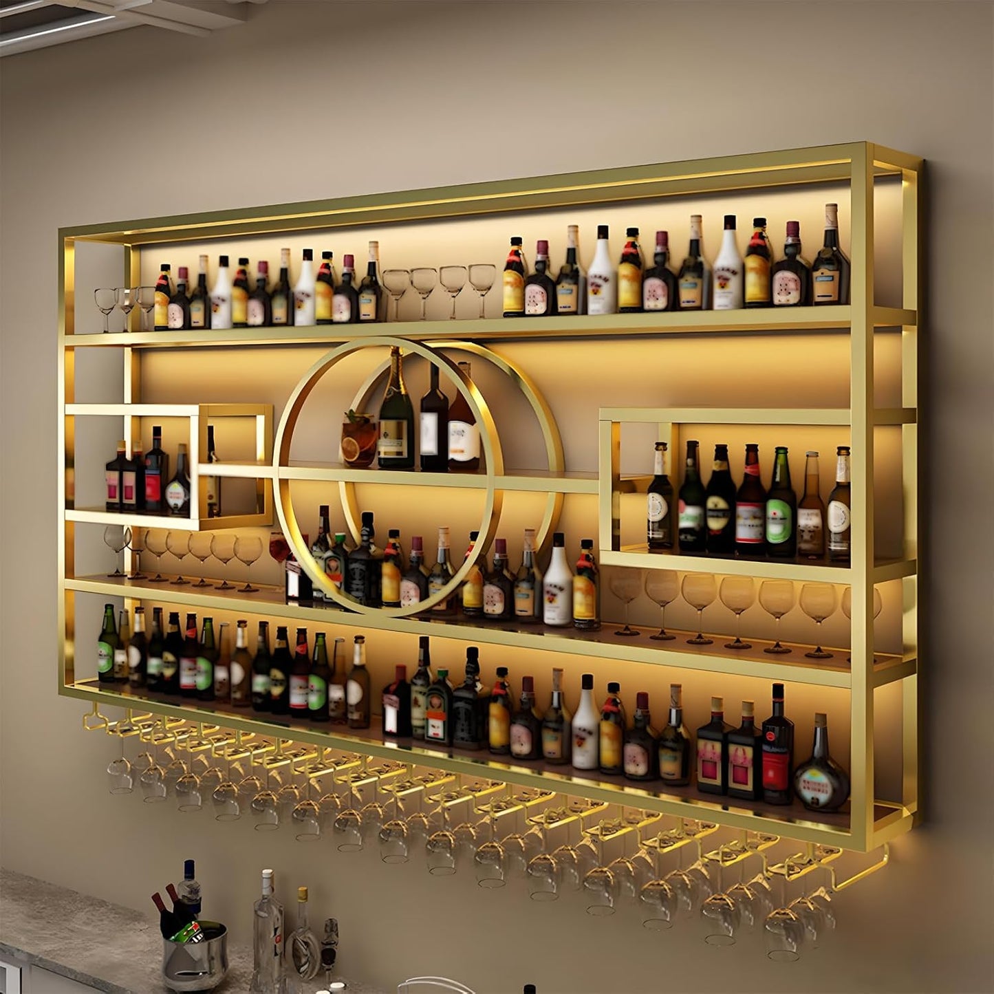 55.1in Wall Mounted Wine Rack, Modern Metal Wine Bottle and Glass Holder, Iron Display Stand Decorative Wine Rack, for Bar Living Room Dining Room Background (Gold, 55.1 * 8 * 51INCHES)